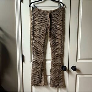 Like New Cotton Crochet Open Knit Stretch Flare Casual Pants Brown Tan Size M